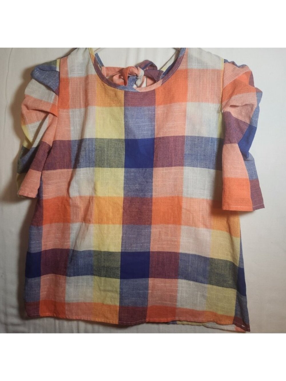 Multicolor Plaid Puff Sleeve Open Back Tie Blouse Orange Blue Yellow Large